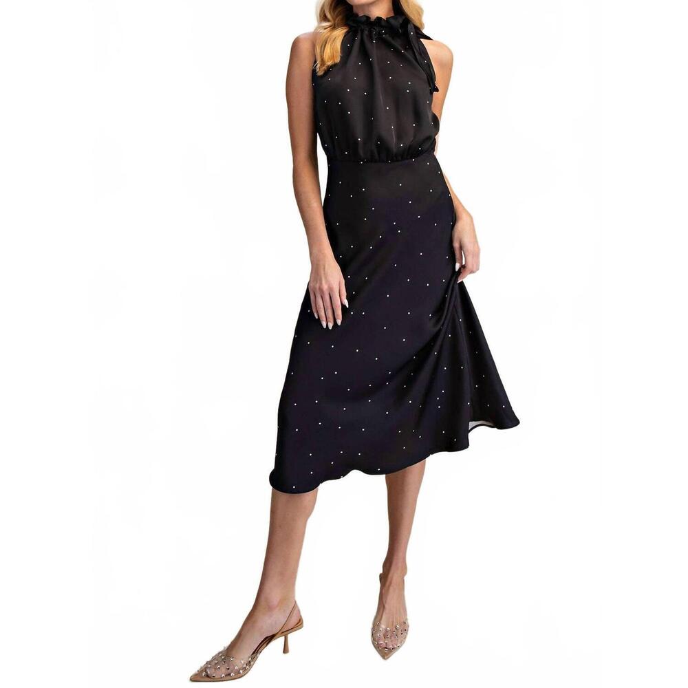 NEW GLAM ruffle tie neck sleeveless midi dress in black - Picture 4 of 6